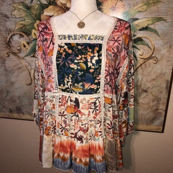 Sz  M John Mark Floral Boho Patchwork Tunic Top - Picture 3 of 15